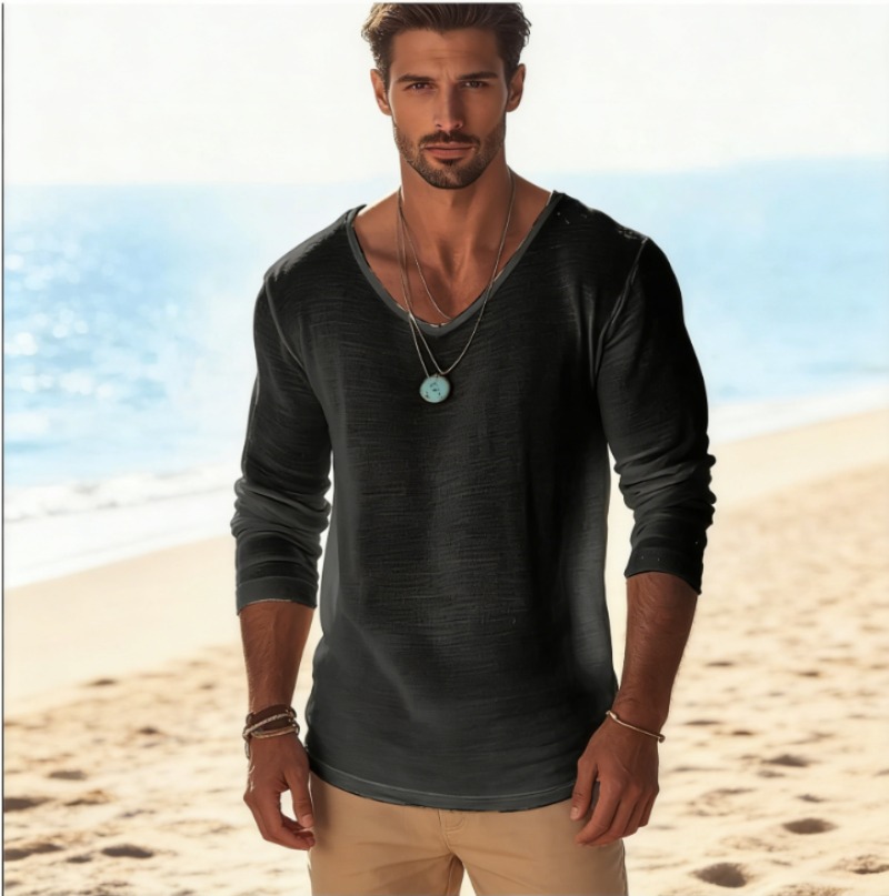 Men's Casual V-Neck Linen Blen - đánh giá và giá Linen Shirt Breathable
